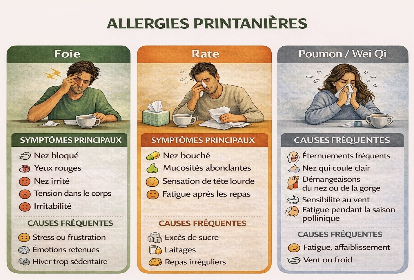 Schéma des allergies printanières en médecine chinoise montrant les déséquilibres du foie, de la rate et du poumon avec leurs symptômes et causes